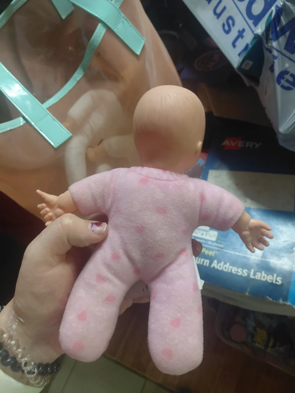 Greenbrier International blue eyed baby doll in pink hearts pajamas